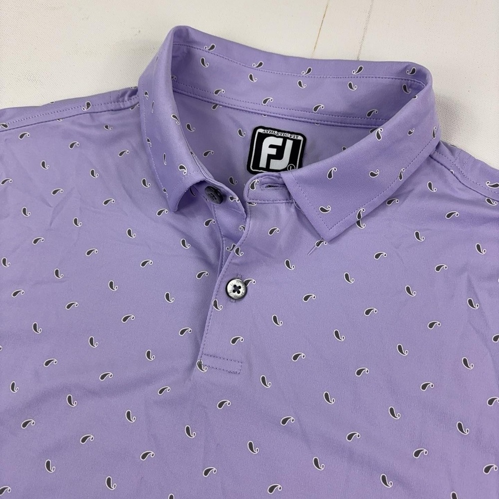 FootJoy Golf Polo Shirt Mens L Purple Paisley Athletic Fit Stretch Short Sleeve